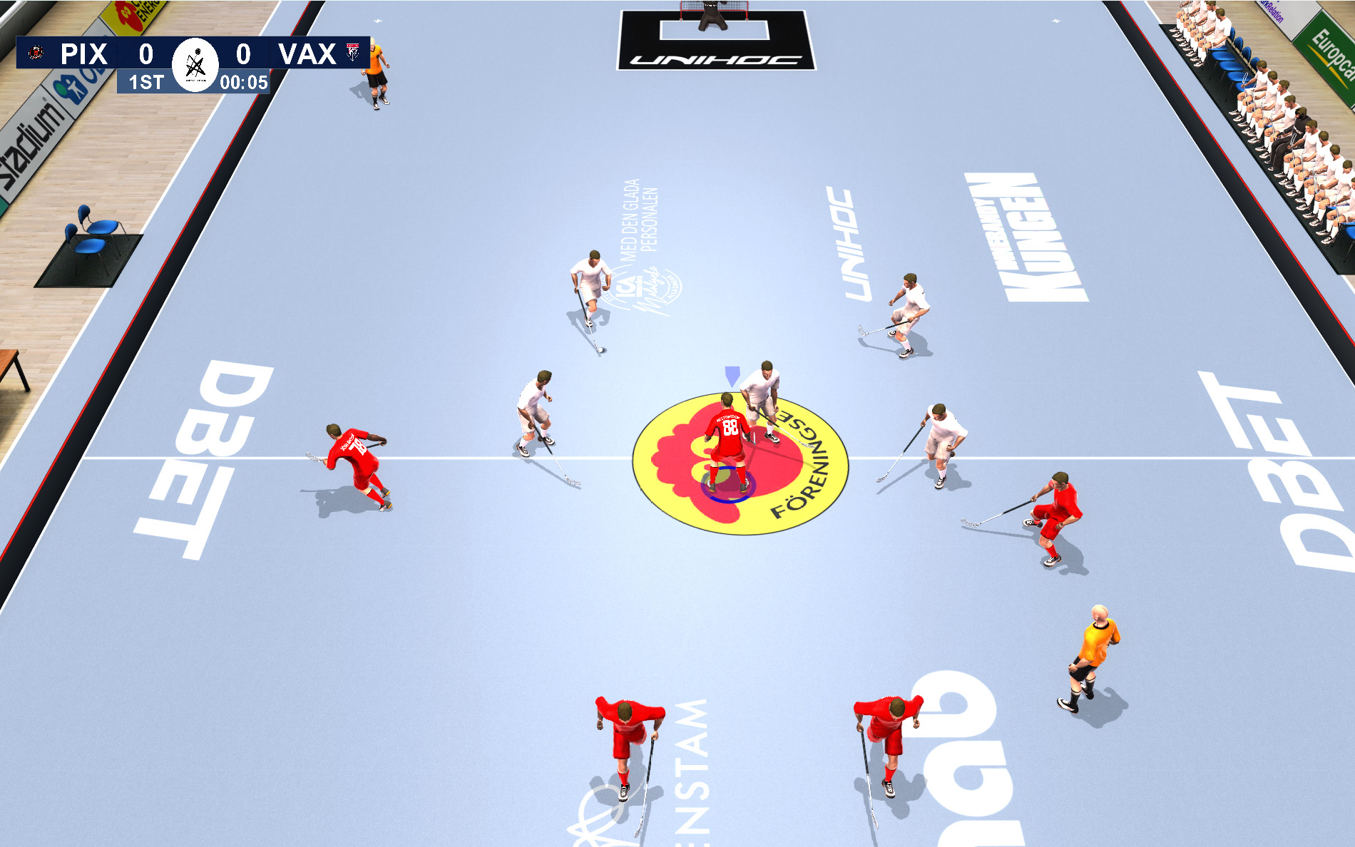 Floorball League 2010 match viewed from above the center face-off circle
