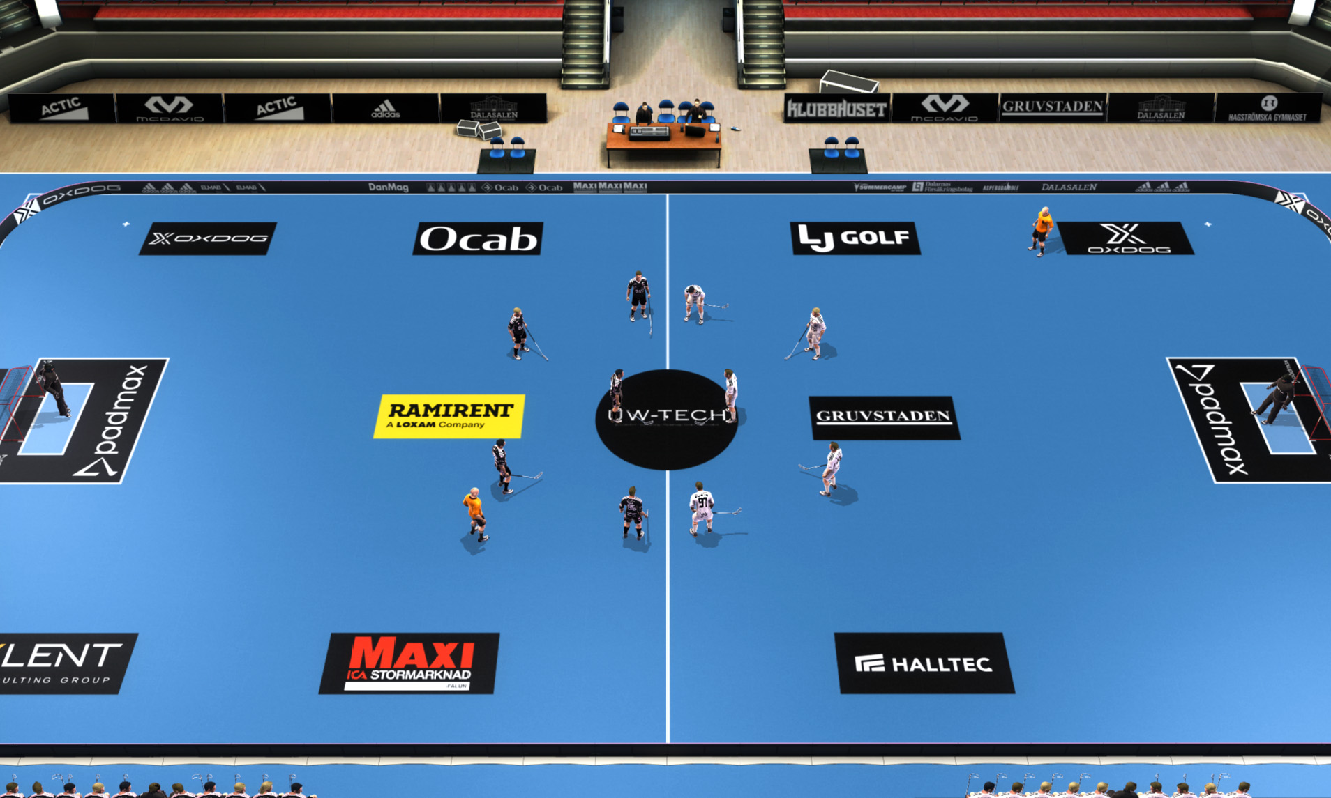 Overhead view of a Floorball League 2010 match in a blue arena
