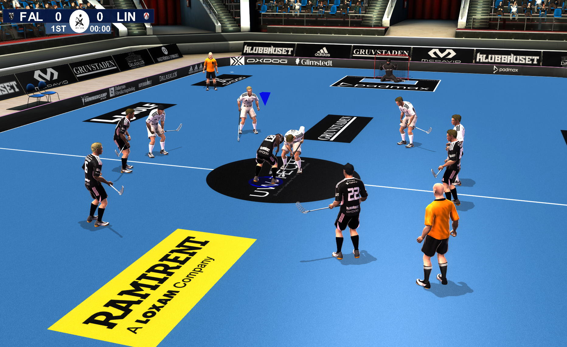 Falun and Linköping players ready for a center face-off in Floorball League 2010