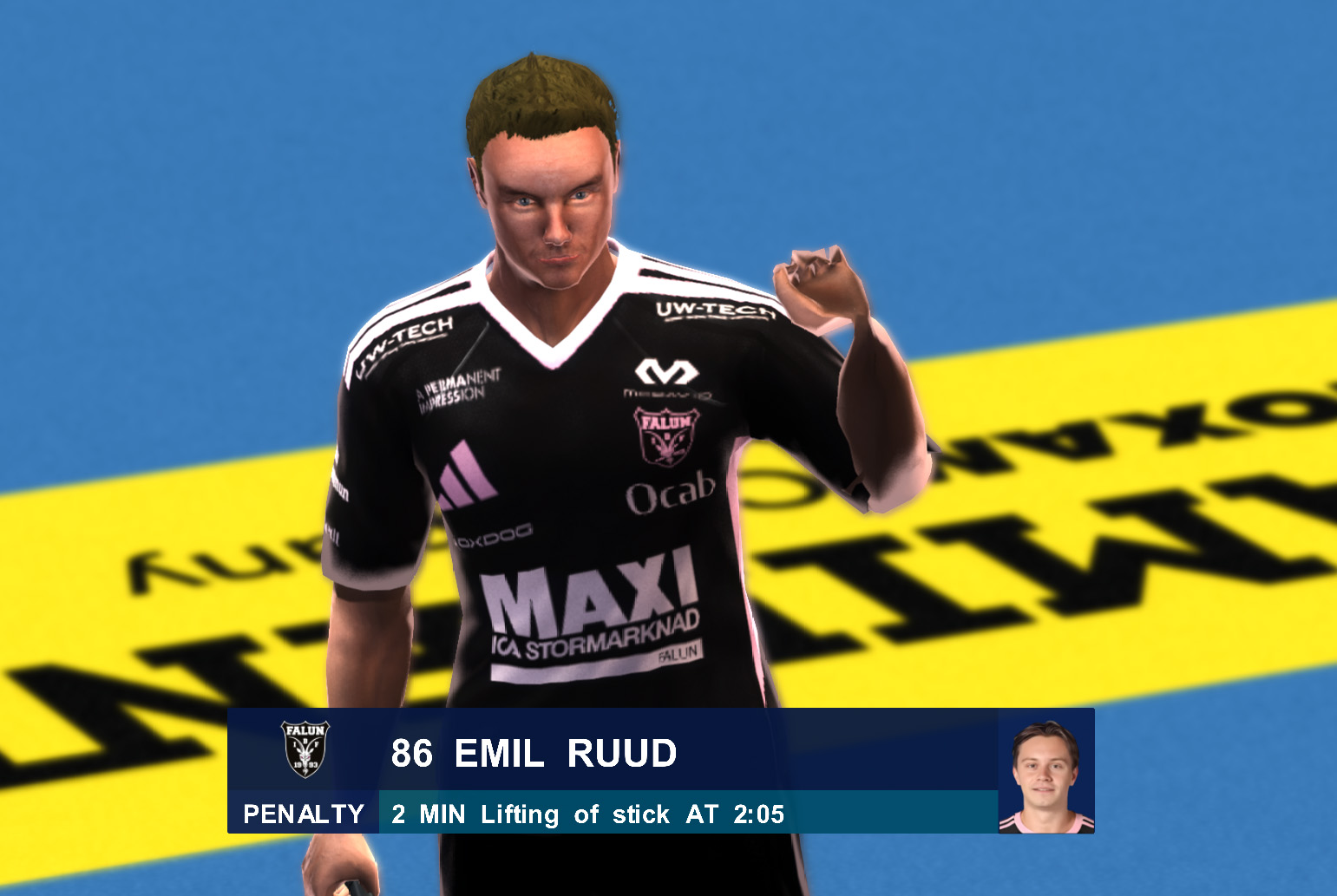 Falun player shown during a penalty presentation in Floorball League 2010